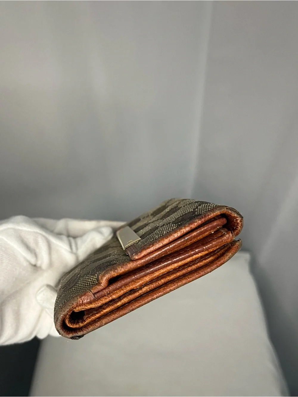 Gucci GG Canvas Bifold Wallet - Brown with Tan Trim & Gold Plate